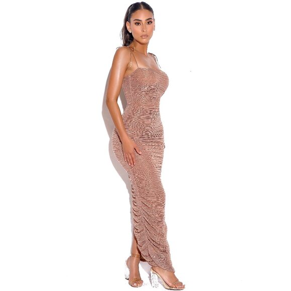 The Glint Rose Gold Ruched Chiffon Long Maxi Dress - Picture 2 of 8